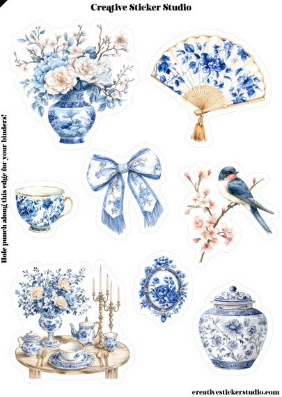 Sticker Sheet Set of 2 -Blue & White Chinoiserie w Fan