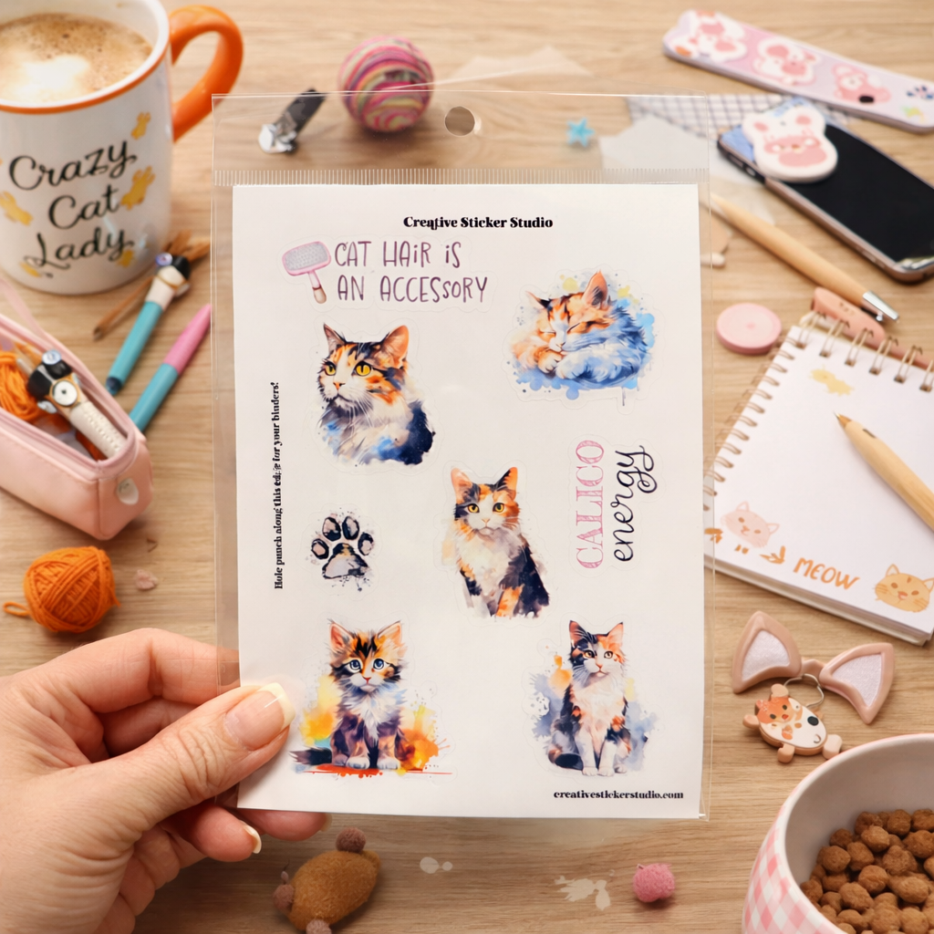 Sticker Sheet Set of 2 - Calico Kitty Cats Energy