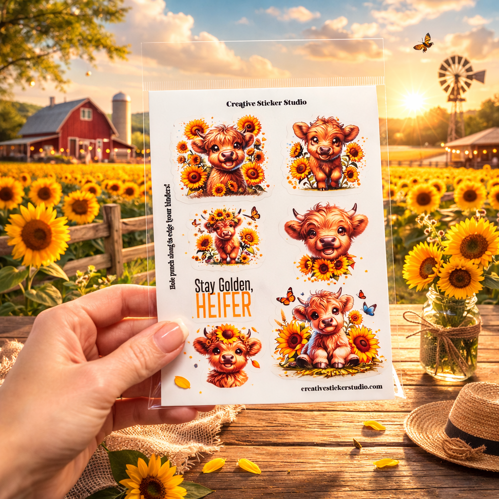 Sticker Sheet Set of 2 - Highland Cows Heifer Sunflowers