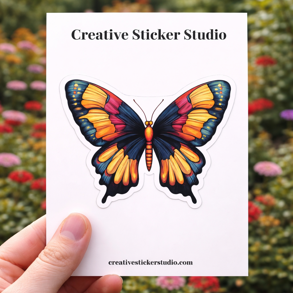 Colorful butterfly sticker held over a natural background with flowers