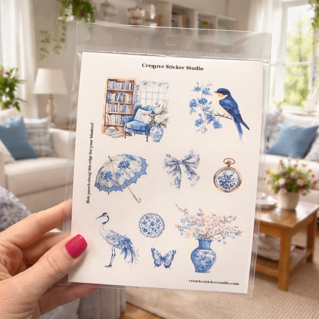 Sticker Sheet Set of 2 -Blue & White Chinoiserie w Bird