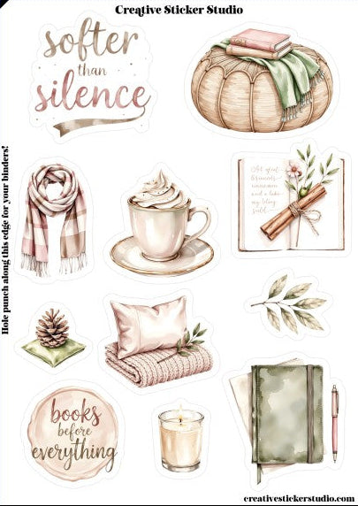 Collection of illustrations including a pumpkin, cup of coffee, candle, and books with text 'softer than silence' and 'books before everything'.