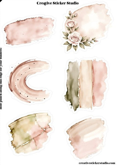 Decorative stickers with watercolor designs and floral elements on a white background.