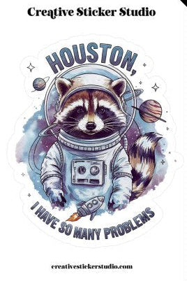 Illustration of a raccoon in an astronaut helmet with space-themed elements and text.