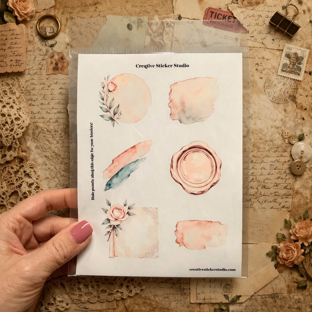 Sheet of decorative stickers held by a hand on a textured surface with stationery items.
