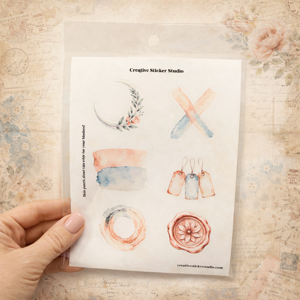 Hand holding a card with watercolor designs and 'Creative Sticker Studio' branding.