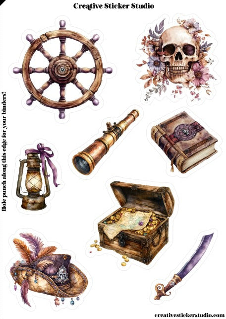 Collection of vintage-themed stickers including a steering wheel, skull with flowers, lantern, book, treasure chest, and sword.