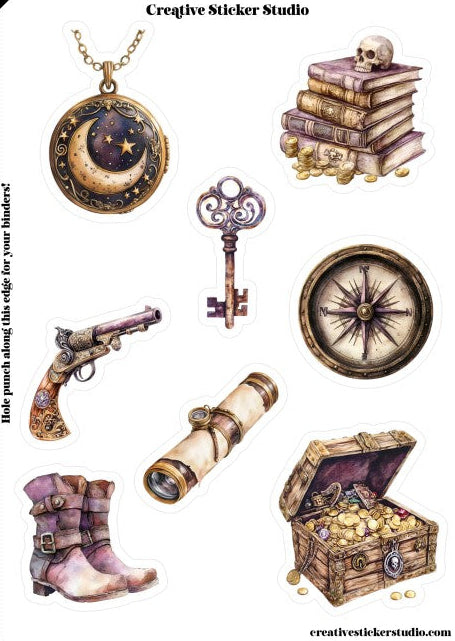 Collection of vintage-themed stickers including a locket, key, compass, gun, scroll, and treasure chest on a white background.