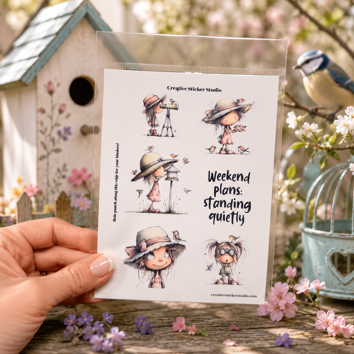 A hand holds a clear plastic sleeve containing a sheet of whimsical sticker designs. The stickers feature a cute girl with a large hat and glasses in various poses, with the text 'Creative Sticker Studio' and 'Weekend plans: standing quietly'.