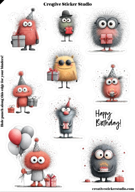 Sticker Sheet Set of 2 - Birthday Fuzzy Monsters
