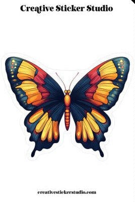 Colorful butterfly illustration with 'Creative Sticker Studio' branding.