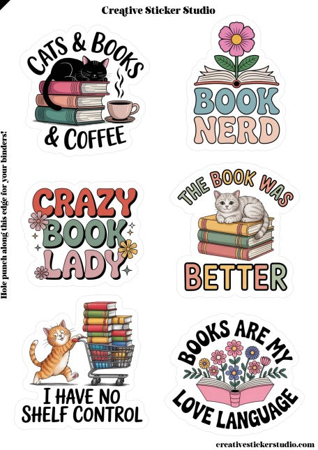Sticker Sheet Set of 2 - Cats & Books