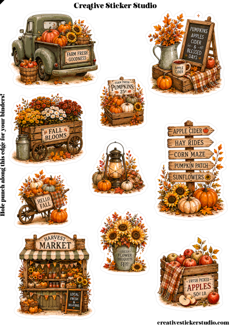 A sheet of autumn-themed die-cut stickers from Creative Sticker Studio, featuring vintage trucks, a market stall, a lantern, sunflower bouquets, and rustic signs with fall phrases on a white background.