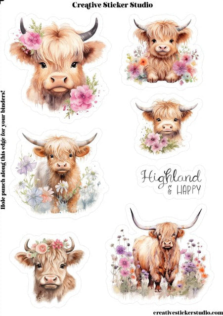 Sticker Sheet Set of 2 - Highland Cows Happy Floral