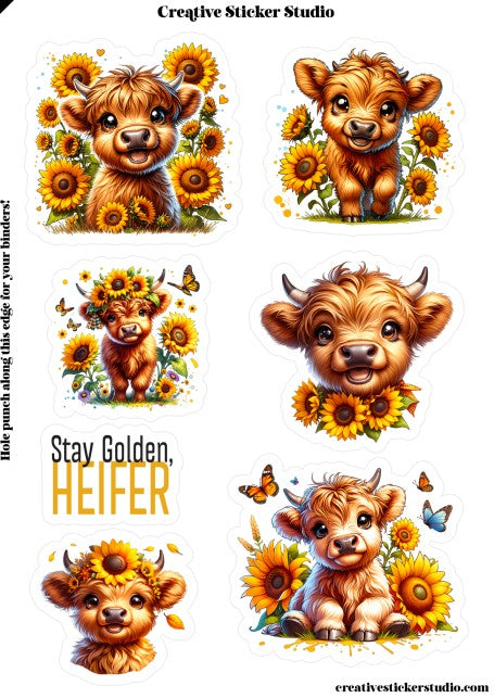Sticker Sheet Set of 2 - Highland Cows Heifer Sunflowers