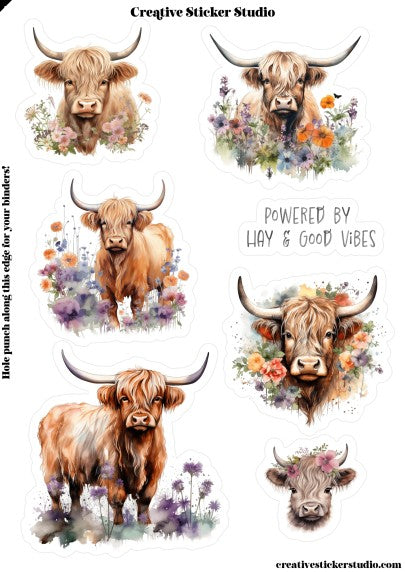 Sticker Sheet Set of 2 - Highland Cows Good Vibes Floral