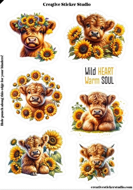 Sticker Sheet Set of 2 - Highland Cows Wild Sunflowers
