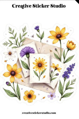 Decorative design with flowers and envelopes on a white background, featuring 'Creative Sticker Studio' branding.