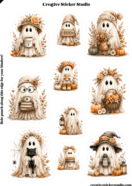 A sheet of Halloween-themed sticker designs featuring cute ghost characters in autumn colors. The stickers show various ghost figures wearing hats, glasses, and floral crowns, holding books, pumpkins, lanterns, and a black cat.
