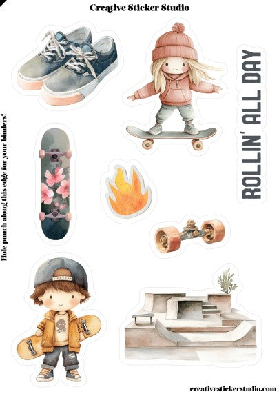 Sticker Sheet Set of 2 - Skateboarding Rollin'