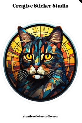 Colorful cat-shaped sticker with stained glass design on a white background, featuring 'Creative Sticker Studio' branding.