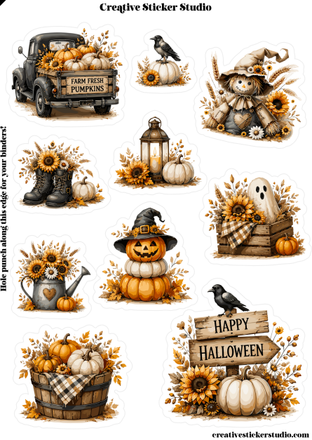 A sheet of die-cut Halloween stickers from Creative Sticker Studio, featuring autumn-themed illustrations including a vintage truck with pumpkins, a scarecrow, boots, a lantern, a ghost, a witch hat stack, sunflowers, a watering can, and a 'Happy Halloween' sign.