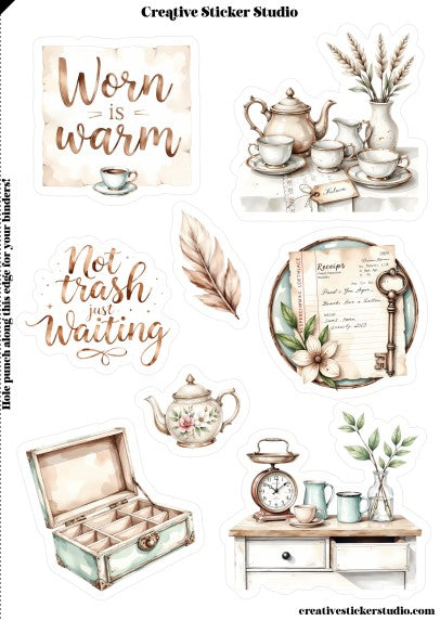 Collection of vintage-themed stickers with teapots, books, and decorative elements on a white background.