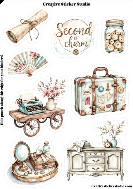 Collection of vintage-themed stickers including a suitcase, typewriter, and decorative items with 'Creative Sticker Studio' branding.