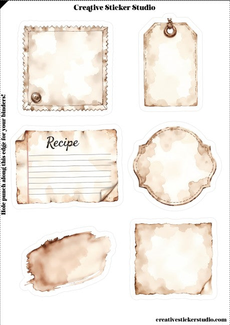 Set of vintage-style recipe cards and labels with watercolor textures on a white background.