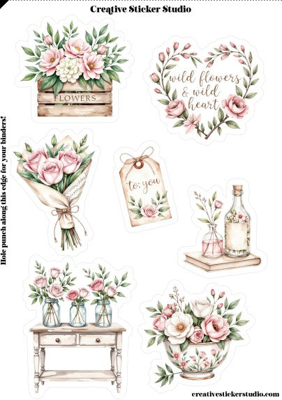 Collection of floral illustrations with decorative elements on a white background.