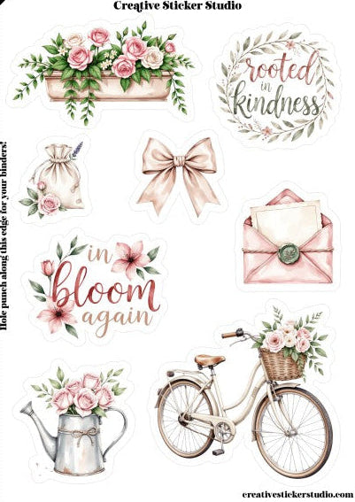 Collection of decorative stickers featuring flowers, a bicycle, and text on a white background.