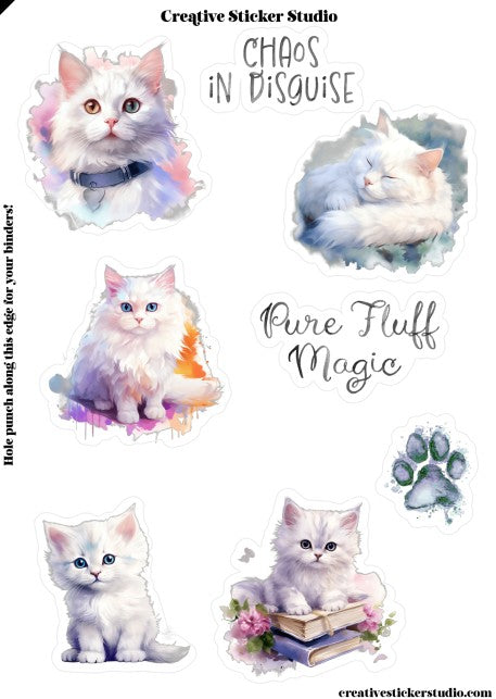Sticker Sheet Set of 2 - White Kitty Cats Fluff