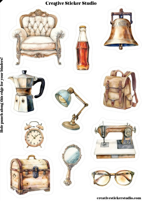 Collection of vintage-style illustrations including a chair, bottle, bell, coffee maker, lamp, backpack, clock, mirror, sewing machine, chest, and glasses. Brand 'Creative Sticker Studio' is visible.