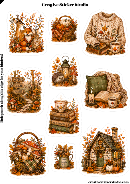A sheet of die-cut autumn-themed stickers from Creative Sticker Studio, featuring illustrations of a deer and rabbit, a cozy sweater, a lantern, books, a teacup, a small cabin, and baskets of fall produce in warm orange, brown, and beige tones.