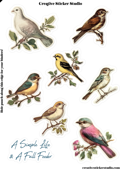 A sheet of bird-themed stickers from Creative Sticker Studio, featuring vintage-style illustrations of seven different birds perched on branches with leaves and flowers, on a white background with printed text.