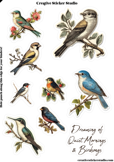 A sheet of bird-themed sticker decals from Creative Sticker Studio, featuring multiple illustrated birds perched on branches with leaves and flowers, plus the text 'Dreaming of Quiet Mornings & Birdsongs' on a white background.