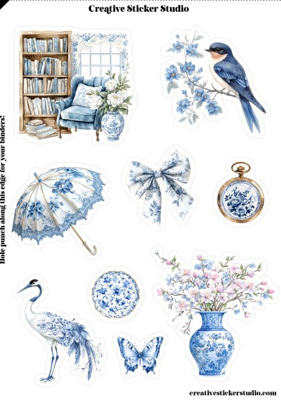 Sticker Sheet Set of 2 -Blue & White Chinoiserie w Bird