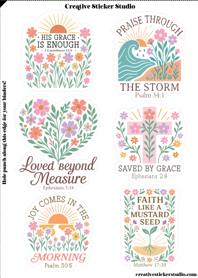 Six floral Bible verse stickers arranged on a white sheet, with decorative text and illustrations including 'His Grace Is Enough,' 'The Storm,' 'Loved Beyond Measure,' 'Saved by Grace,' 'Joy Comes in the Morning,' and 'Faith Like a Mustard Seed.'.