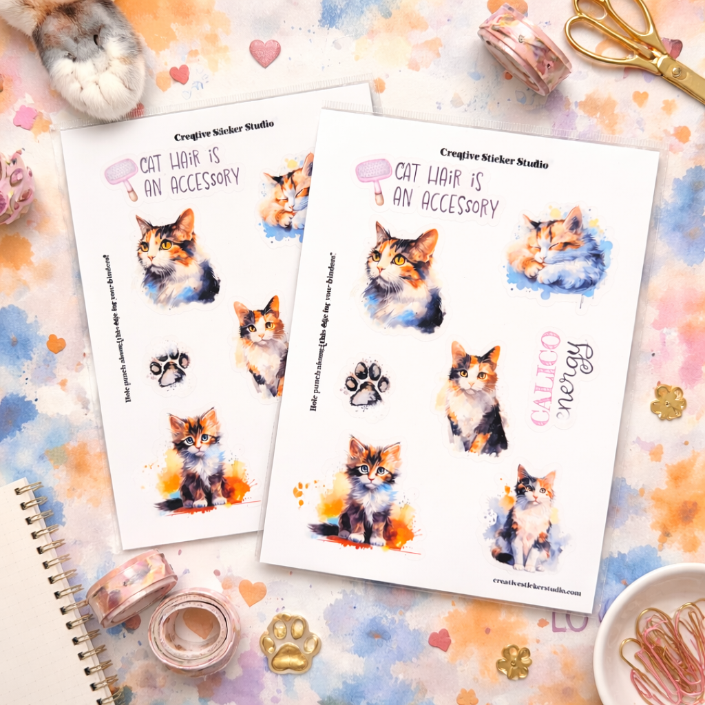 Sticker Sheet Set of 2 - Calico Kitty Cats Energy