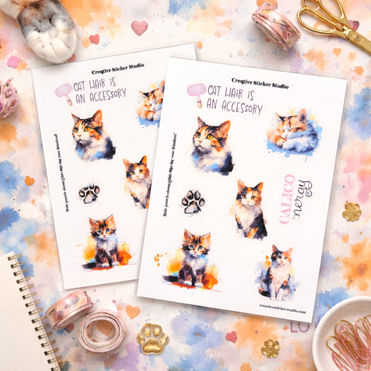 Sticker Sheet Set of 2 - Calico Kitty Cats Energy