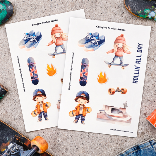 Sticker Sheet Set of 2 - Skateboarding Rollin'