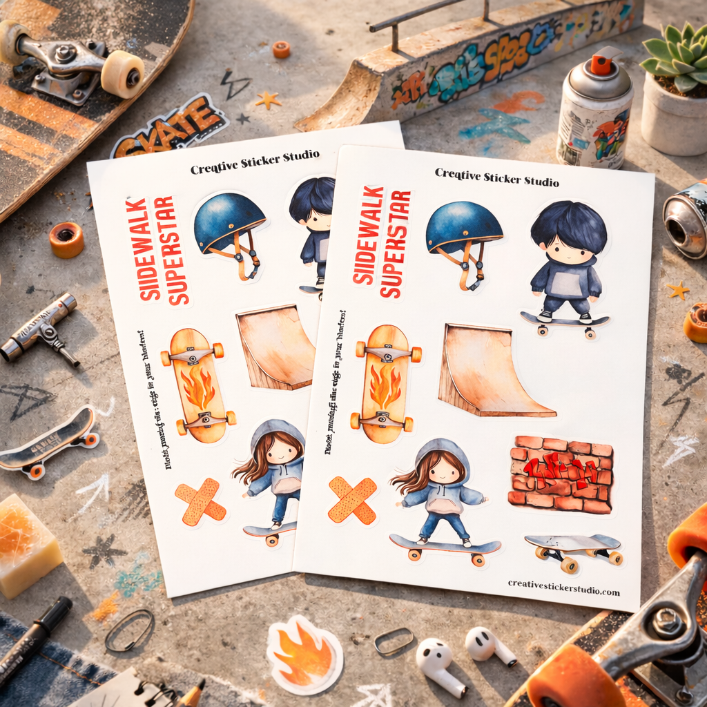 Sticker Sheet Set of 2 - Skateboarding Superstar