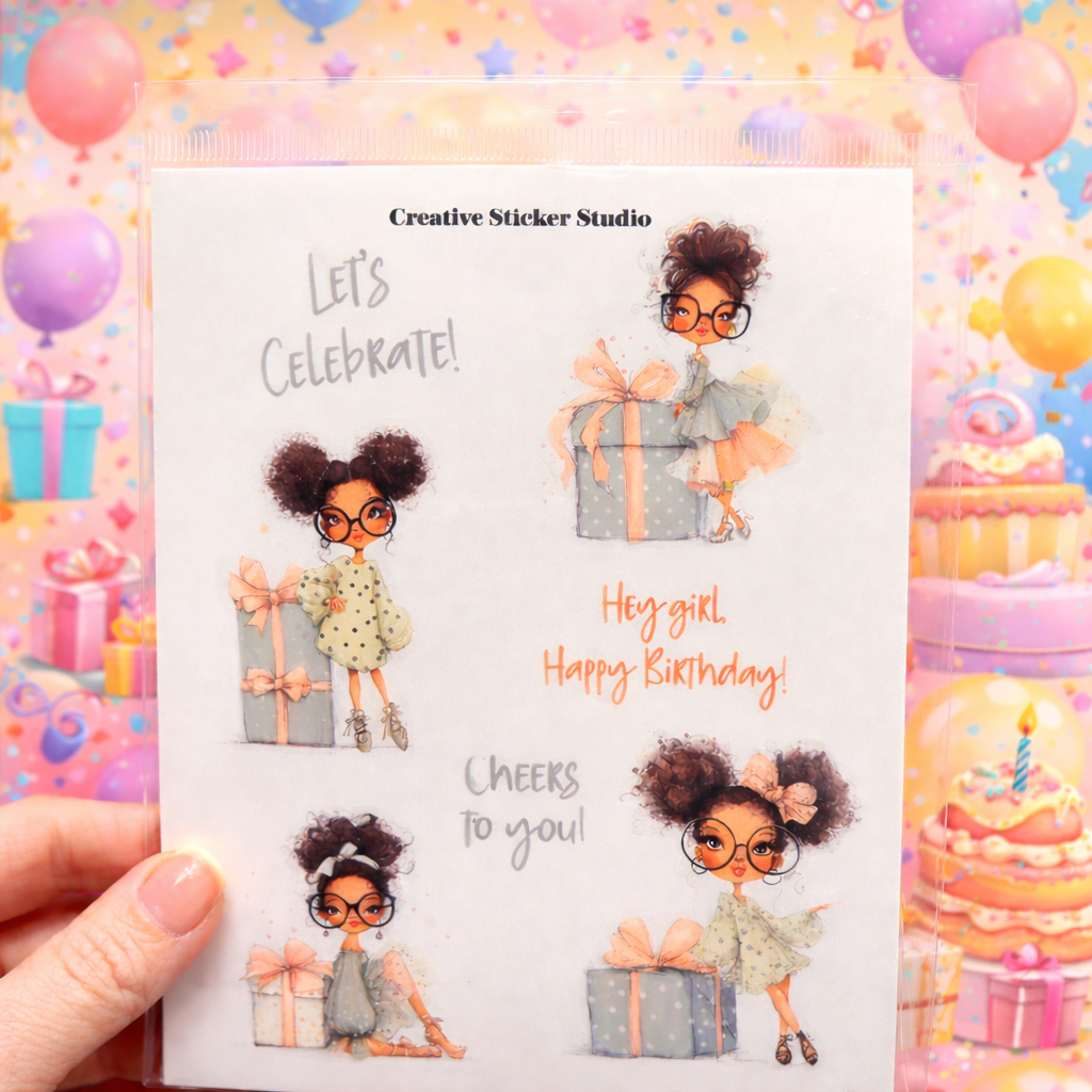 Sticker Sheet Set of 2 - Birthday Curly Brunette