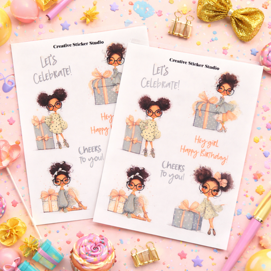 Sticker Sheet Set of 2 - Birthday Curly Brunette