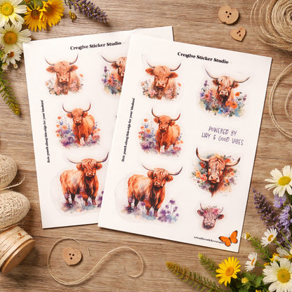 Sticker Sheet Set of 2 - Highland Cows Good Vibes Floral
