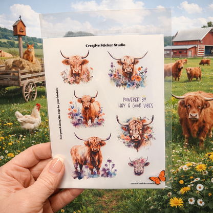 Sticker Sheet Set of 2 - Highland Cows Good Vibes Floral