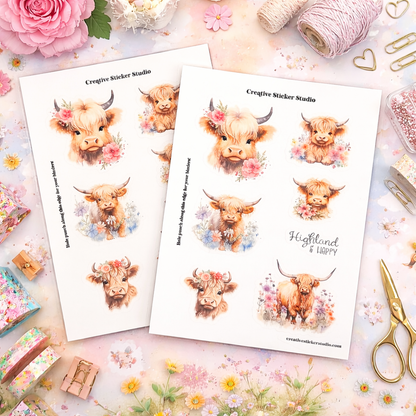 Sticker Sheet Set of 2 - Highland Cows Happy Floral