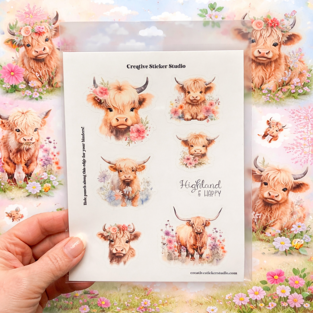 Sticker Sheet Set of 2 - Highland Cows Happy Floral