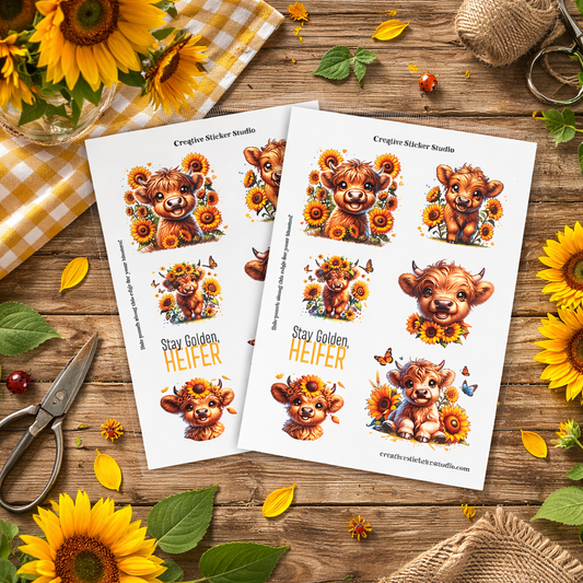 Sticker Sheet Set of 2 - Highland Cows Heifer Sunflowers