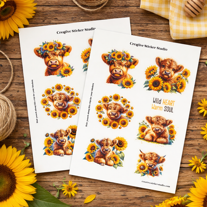 Sticker Sheet Set of 2 - Highland Cows Wild Sunflowers
